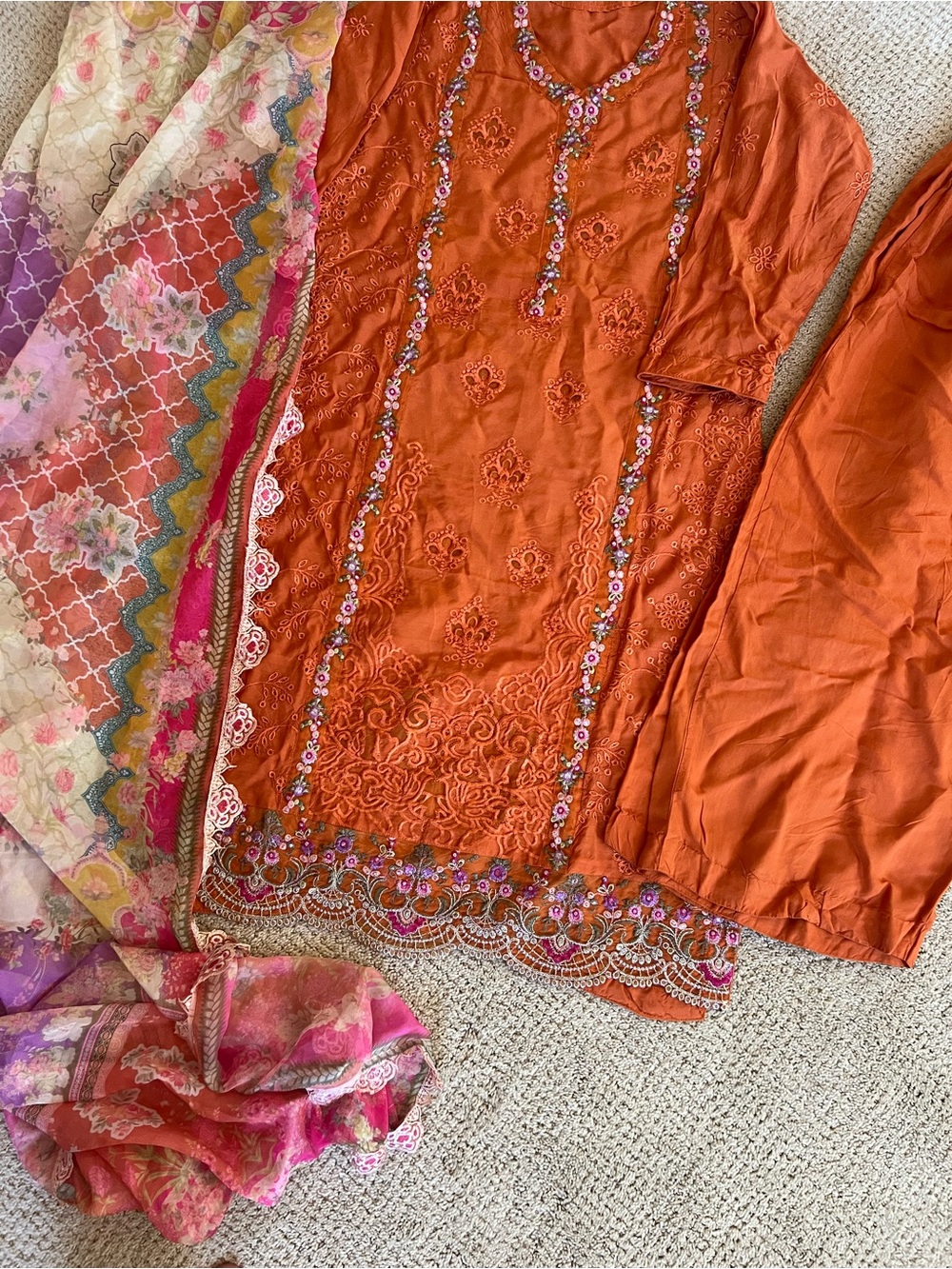Embroidered Orange Women's Dress with Printed Scarf